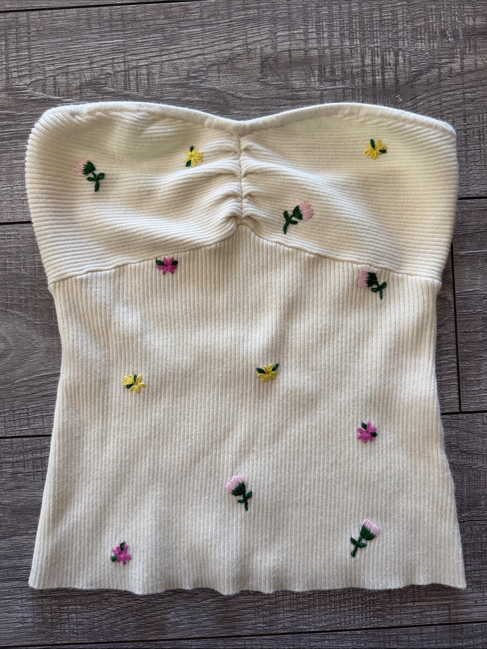 Favorite Daughter Cream Strapless Knit Top with Pink & Yellow Floral Embroidery